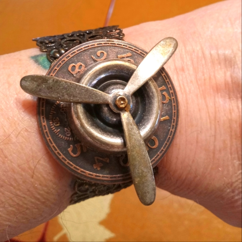 Steampunk Cuff Bracelet with Propeller, Local Artist Made
